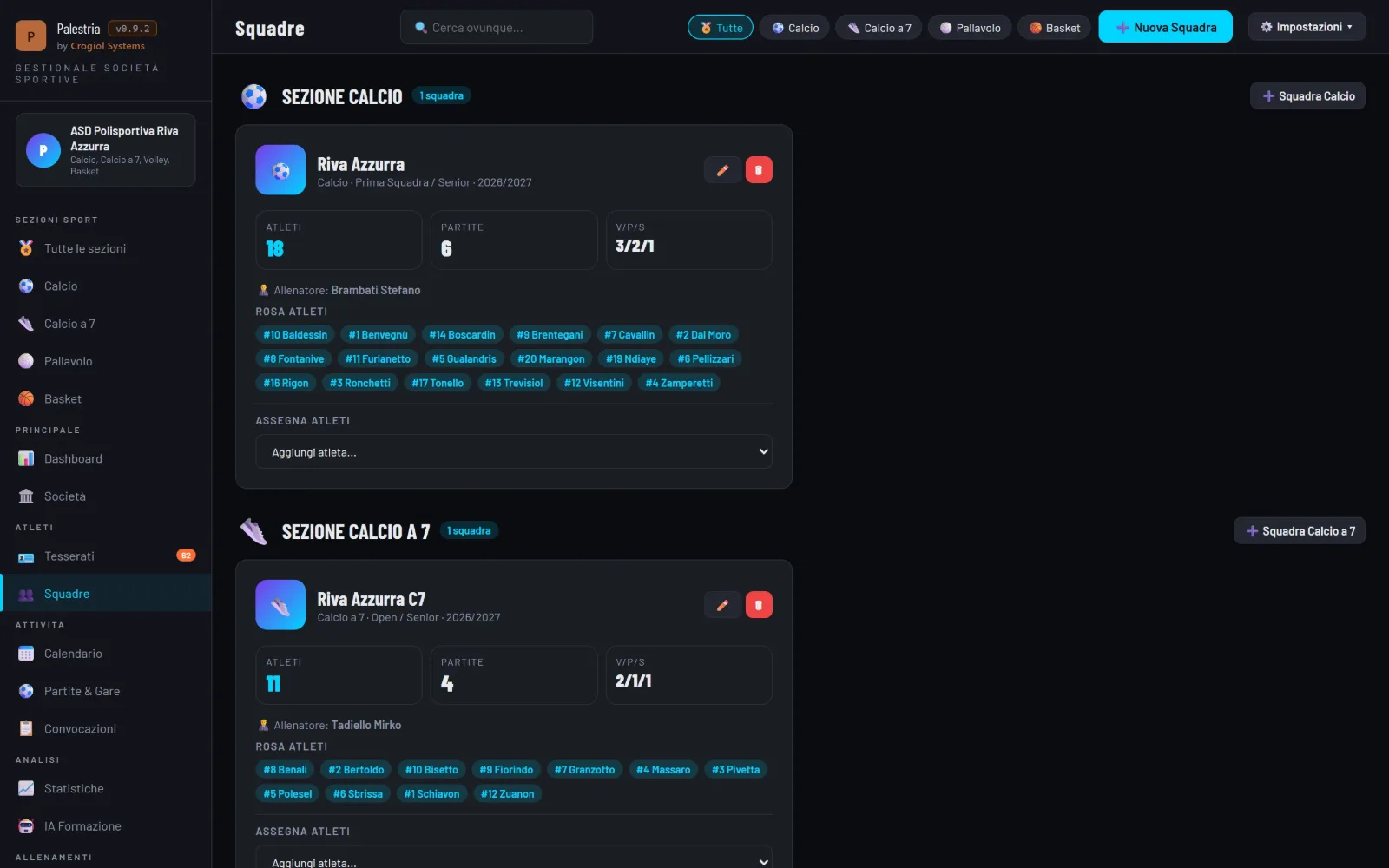 Palestria: Squadre per sezione